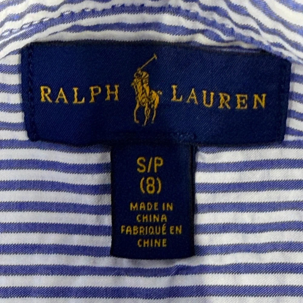 Ralph‎ Lauren Boys Blue White Striped Short Sleeve Button Down Shirt Size 8 S/P